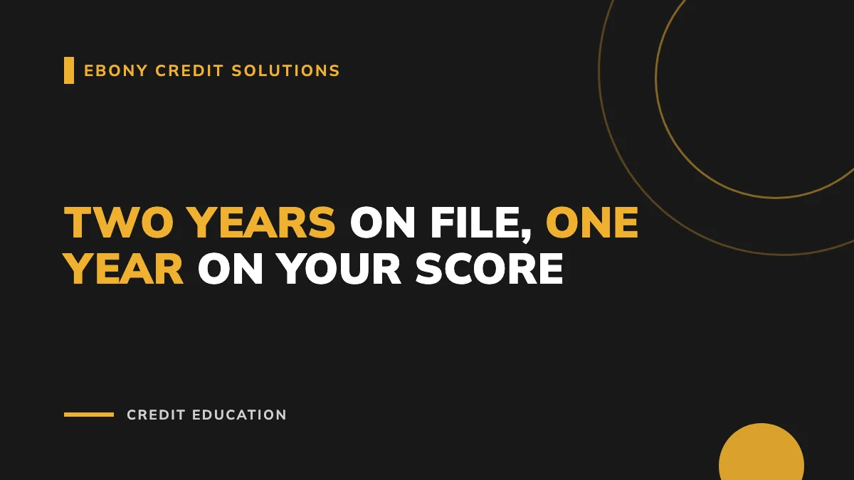 Gold and black graphic: Two Years On File, One Year On Your Score. Ebony Credit Solutions