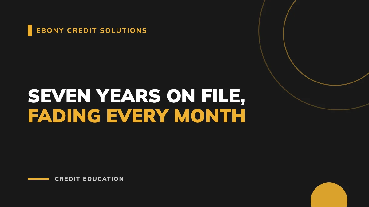 Gold and black graphic: Seven Years on File, Fading Every Month. Ebony Credit Solutions